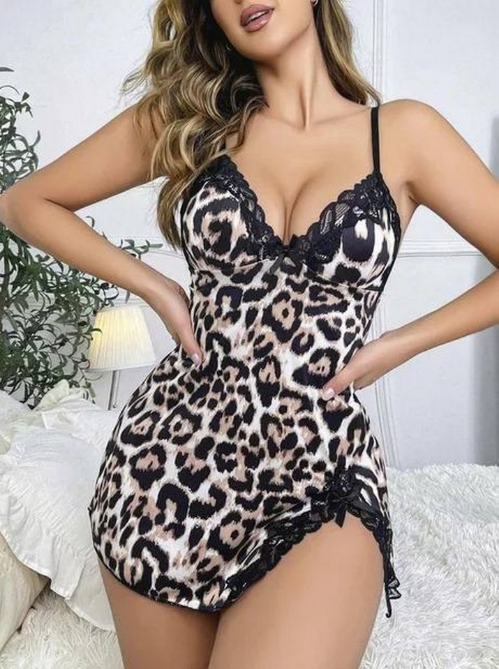 Leopar Desenli İnce Askılı Mini Kadın Gecelik - Görsel 3