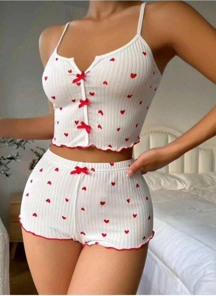 Kalp Desenli Beyaz Kadın Kısa Pijama Takımı - Görsel 4