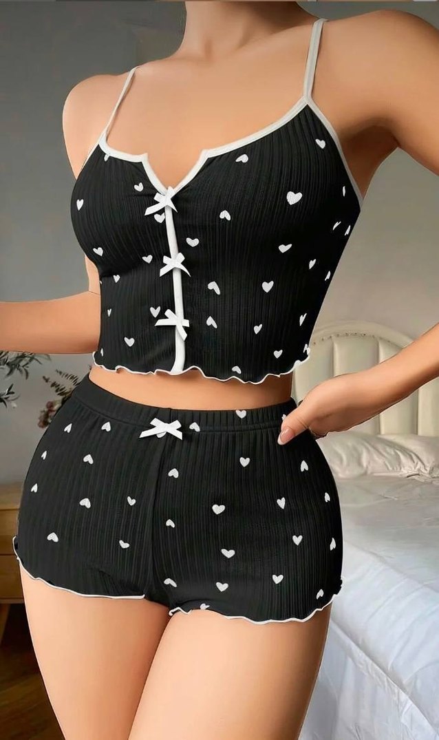 Kalp Desenli Siyah Mini Kadın Pijama Takımı - Görsel 2