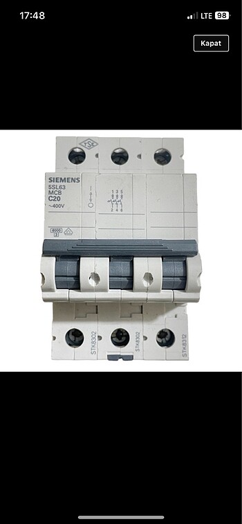 Siemens Otomatik Sigorta 5sl6320-7ya C Tipi 3x20amper 6ka Siemen