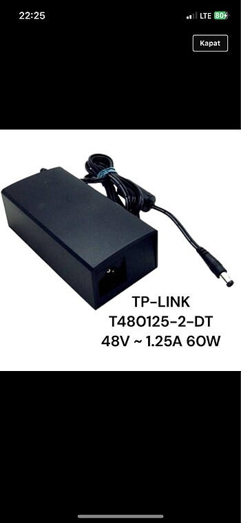 ??TP-LINK T480125-2-DT 48V ~ 1.25A 60W ADAPTÖR