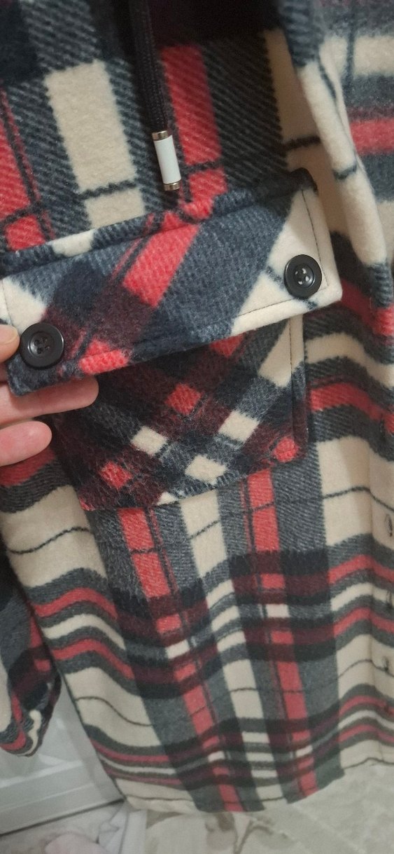 Düğmeli Ekose Desenli Kadın kapişonlu üst - Görsel 5