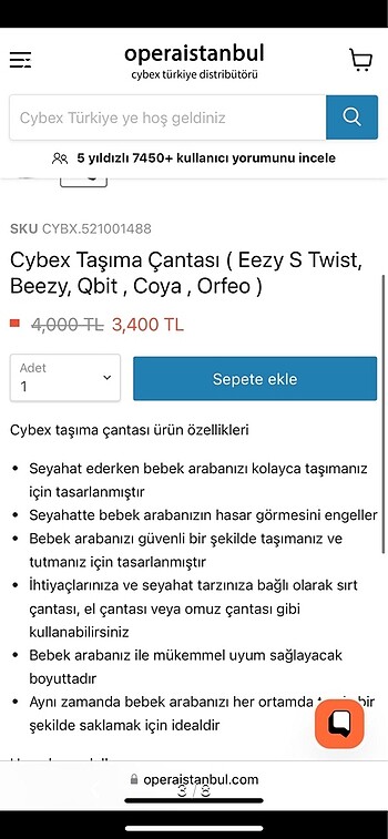 Beden Cybex bebek arabası taşıma çantası