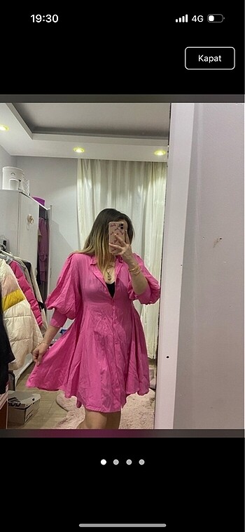Pembe balon kol mini elbise