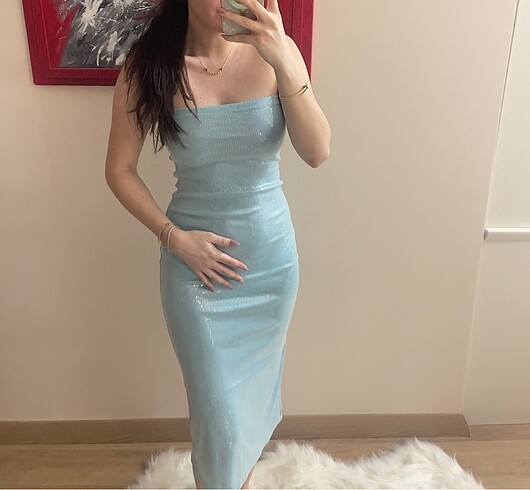 Bebe mavi payetli yırtmaçlı elbise