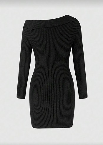 Düğmeli Siyah Triko Elbise - Görsel 2