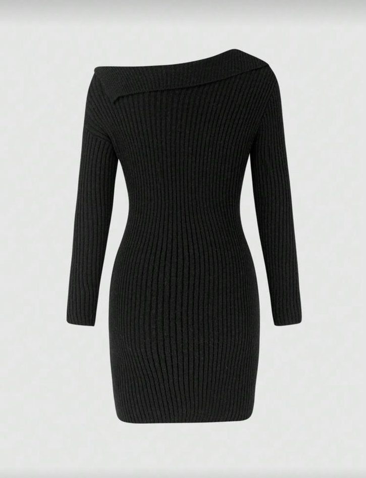 Düğmeli Siyah Triko Elbise - Görsel 2