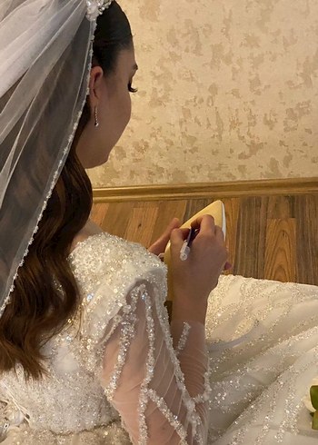 Gelinlik İnci Detayli Seffaf Tul Gelinlik