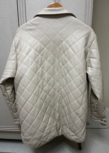 Düğmeli Beyaz Kadın Deri Ceket - Görsel 2