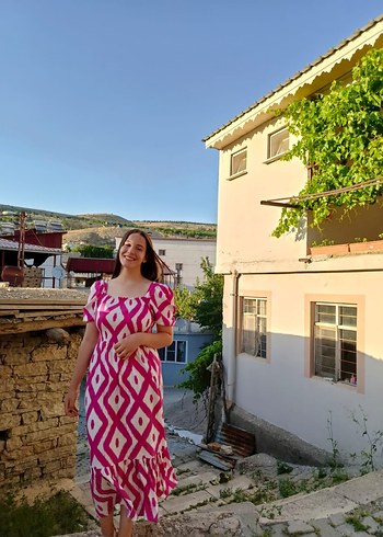 Pembe Bohem V Yaka Uzun Elbise