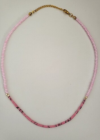 Beden pembe Renk 2 adet kum ve Afgan boncuktan kolye pembe renkli