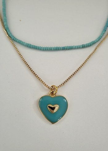 Turkuaz Boncuklu Mini Bohem Kalp Kolye - Görsel 3