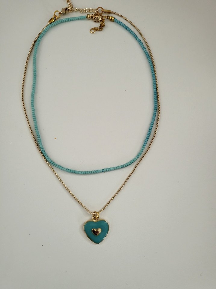 Turkuaz Boncuklu Mini Bohem Kalp Kolye - Görsel 2