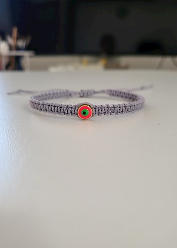 Pembe ve gri renkli örgü bileklik - Görsel 4