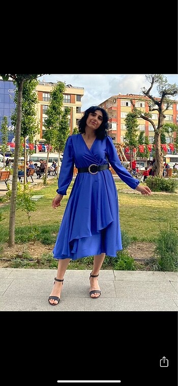 Saten elbise saks mavisi midi boy