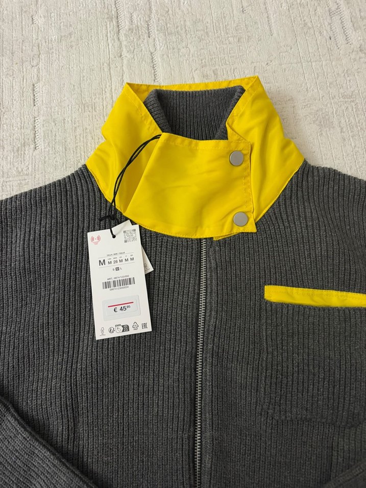 Zara Gri Sarı Bloklu Fermuarlı Triko Ceket — görsel 3/12