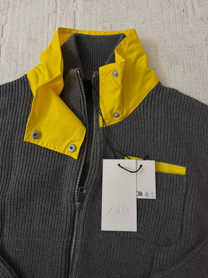 Zara Gri Sarı Bloklu Fermuarlı Triko Ceket — görsel 5/12