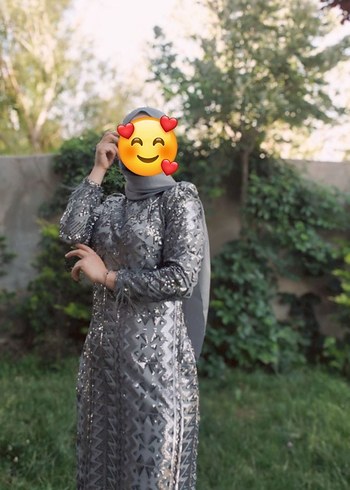 Gri Uzun Payetli Etnik Desen Abiye Elbise