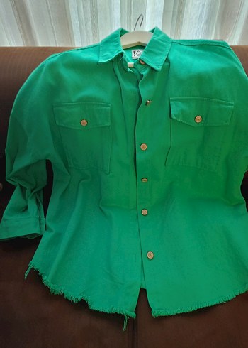 Perry eteği püsküllü gabardin yeşil standart beden ceket gömlek - Görsel 3
