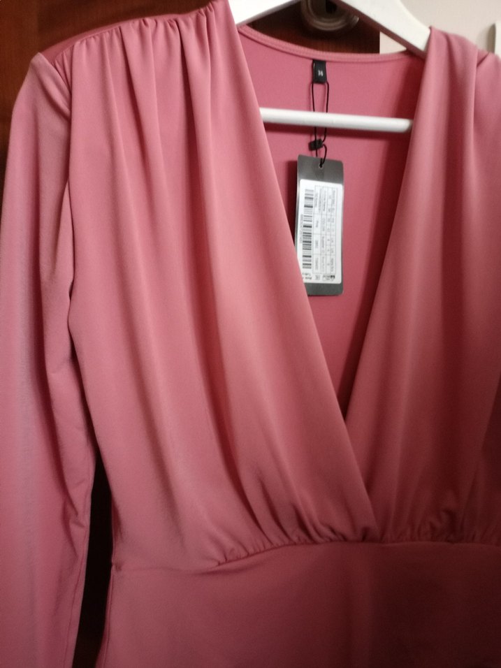 Pembe Drapeli V Yaka Uzun Kollu Kadın Bluz Body - Görsel 2