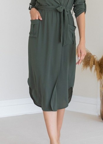 Kadın koyu yeşil uzun kollu ceket yaka elbise M beden - Görsel 2