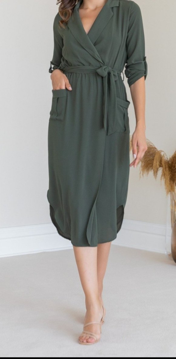 Kadın koyu yeşil uzun kollu ceket yaka elbise M beden - Görsel 2