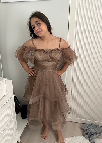 Bej Drapeli Midi Boy Bohem Elbise - Görsel 3