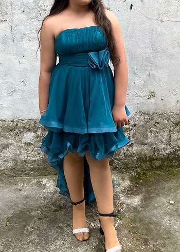 Petrol rengi straplez 40beden önü kısa arkası uzun elbise - Görsel 2