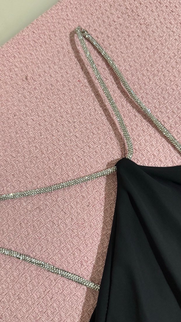 Siyah Midi Askılı Halter Yaka Elbise - Görsel 3