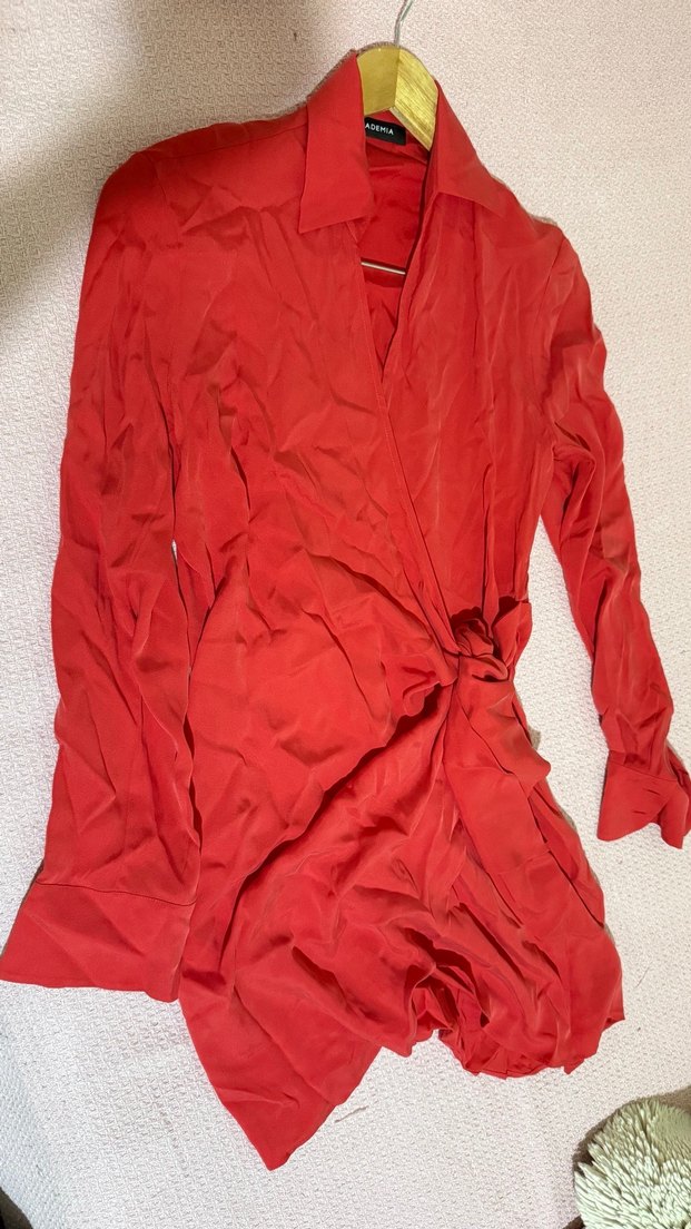 Kırmızı Parlak Uzun Kollu Kadın Gömlek elbise - Görsel 2