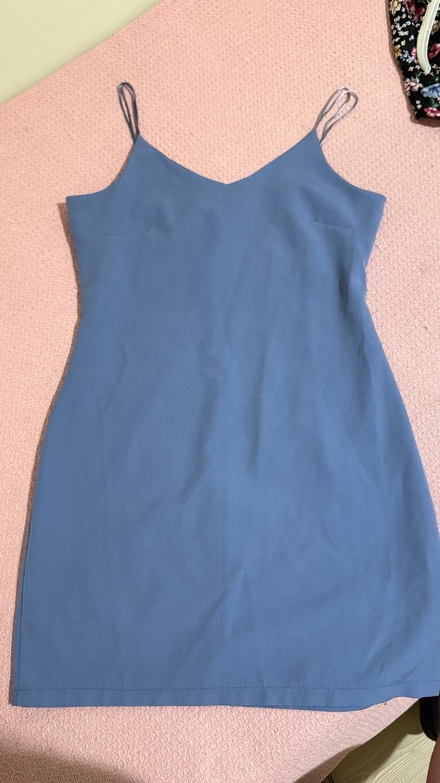 Mavi V Yaka Askılı elbise - Görsel 2