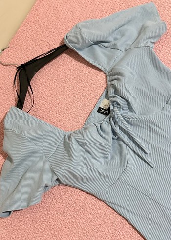 Mavi Midi Kadın Elbise, Kısa Kollu, Drapeli - Görsel 4