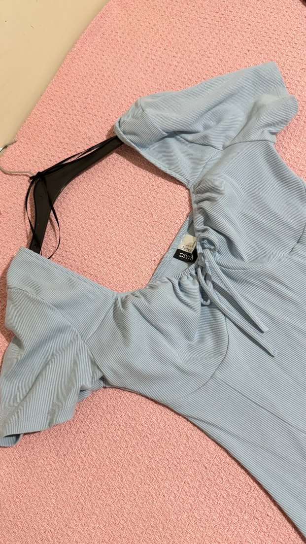 Mavi Midi Kadın Elbise, Kısa Kollu, Drapeli - Görsel 4