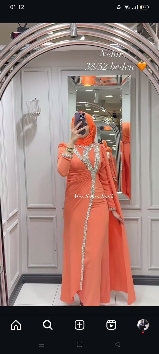 Turuncu İşlemeli Uzun Abiye Elbise - Görsel 4