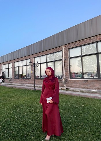 Bordo Uzun Kollu Drapeli Abiye Elbise
