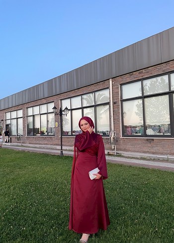 Abiye Bordo Uzun Kollu Drapeli Abiye Elbise