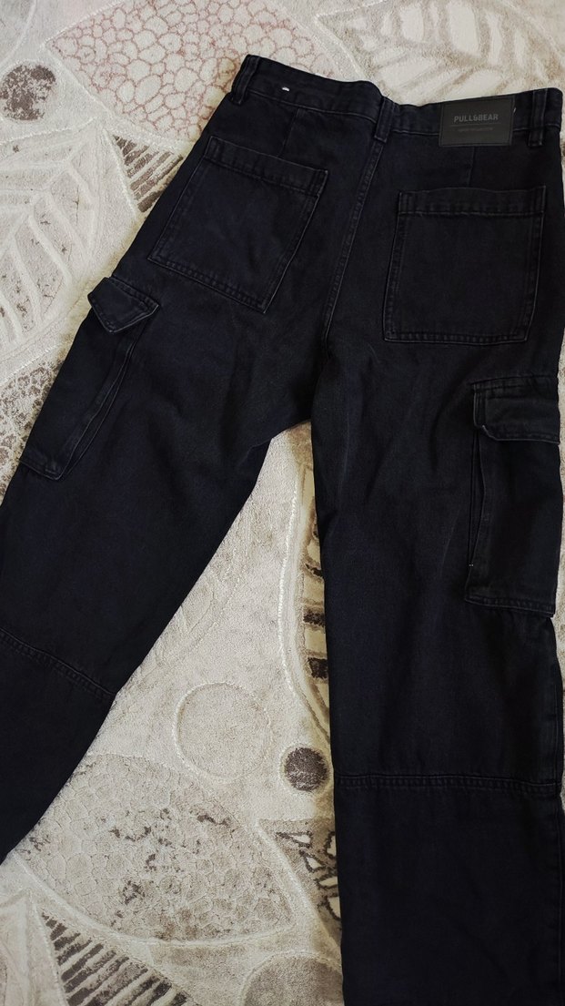 Pull&Bear Siyah Bol Kesim Kemerli Midi Kot Pantolon - Görsel 2