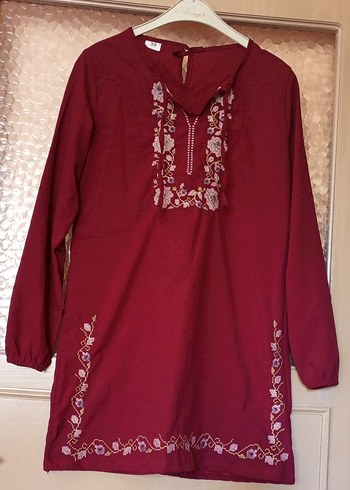 Bordo Nakışlı Bohem V Yaka Tunik