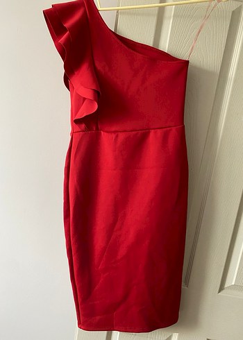 Parlak Kırmızı Drapeli Midi Abiye Elbise - Görsel 2