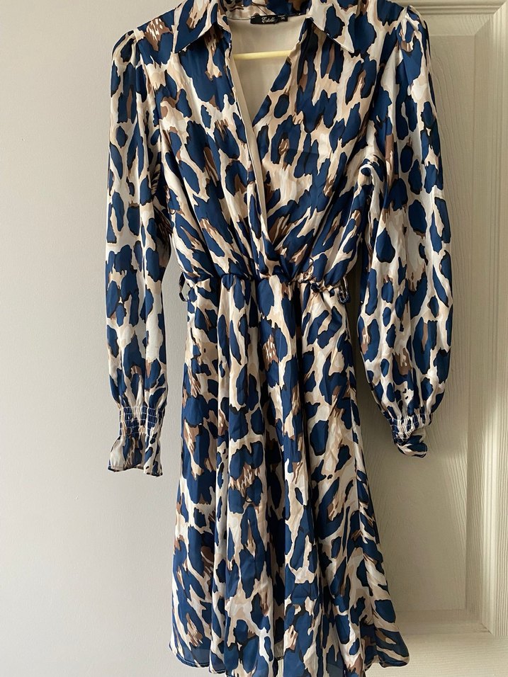 Lacivert Leopar Desenli Midi Elbise - Görsel 2