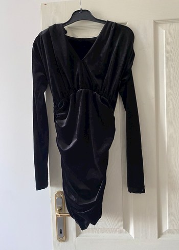 Uzun Kollu kadife Siyah Drapeli Midi Elbise - Görsel 2