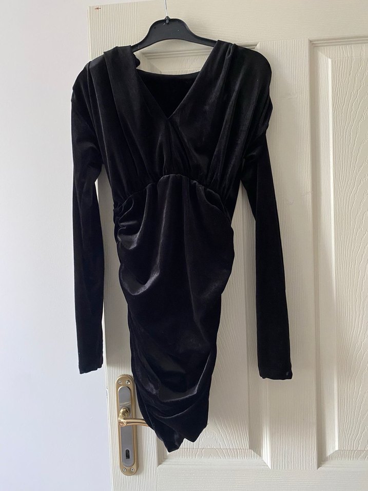 Uzun Kollu kadife Siyah Drapeli Midi Elbise - Görsel 2