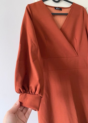 Kahverengi V Yakalı Midi Elbise - Görsel 2