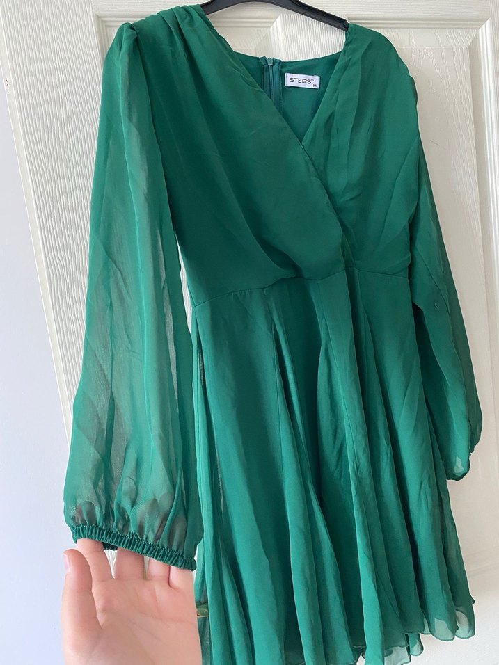 Uzun, V Yakalı, Yeşil Kadın Elbise - Görsel 2