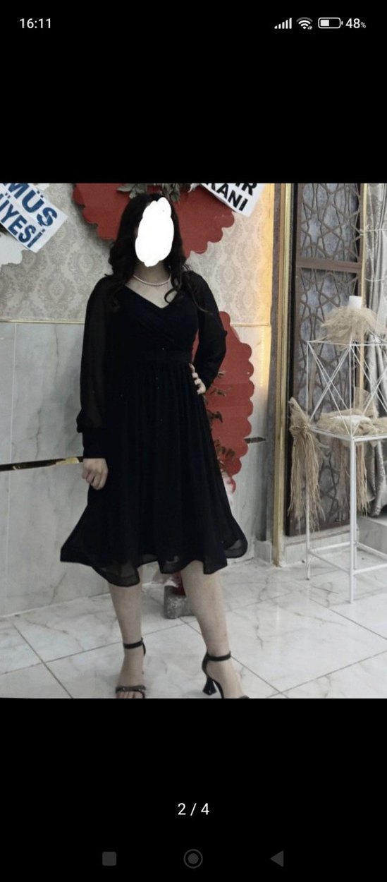 Şeffaf Siyah simli Midi V Yaka Gotik Elbise - Görsel 2