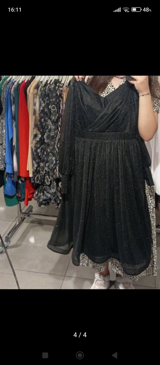 Şeffaf Siyah simli Midi V Yaka Gotik Elbise - Görsel 4