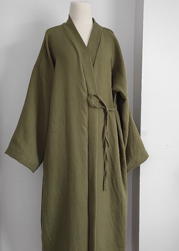 Uzun Kollu Haki Müslin Kadın Kimono