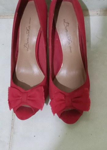 Bershka Marka Kırmızı keten Fiyonklu Yüksek Topuklu Stiletto - Görsel 4