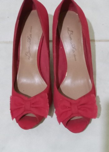 Bershka Marka Kırmızı keten Fiyonklu Yüksek Topuklu Stiletto - Görsel 2