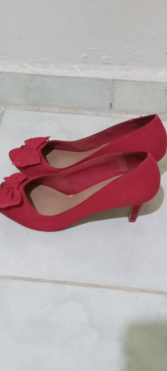 Bershka Marka Kırmızı keten Fiyonklu Yüksek Topuklu Stiletto - Görsel 3